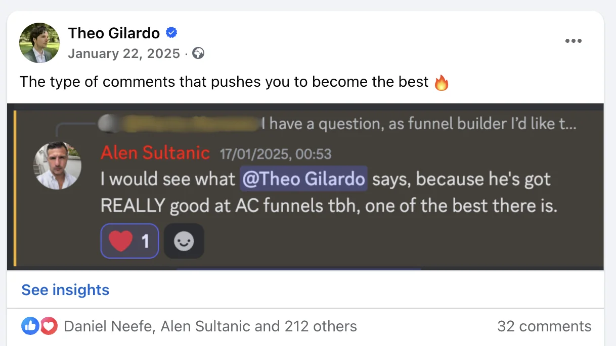 Facebook post: Alen Sultanic saying Theo Gilardo is really good at AC funnels, one of the best there is — 212 likes, 32 comments