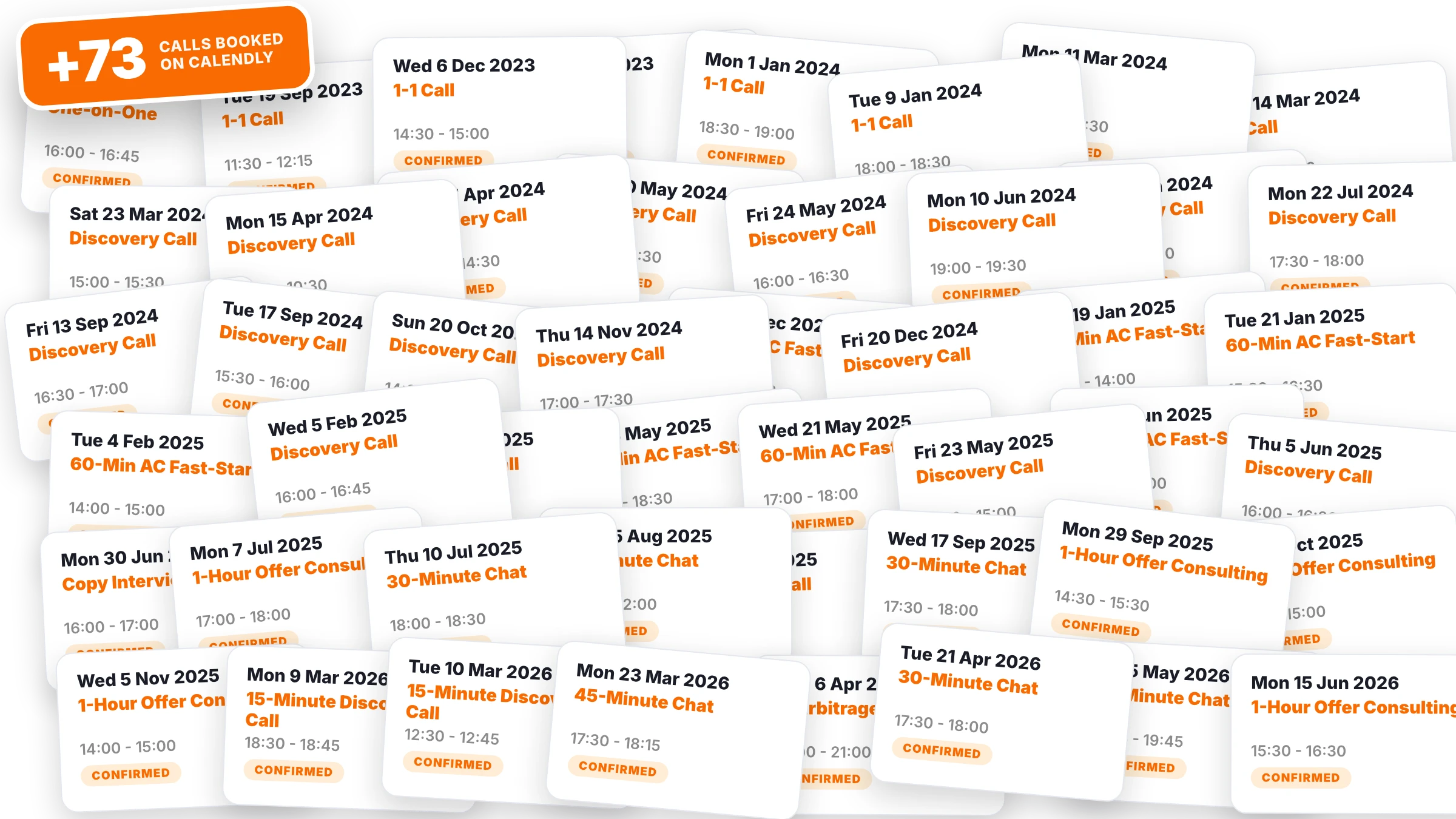Overlapping pile of 48 Calendly booking cards from Feb 2023 to Jun 2026 with a +73 calls booked badge