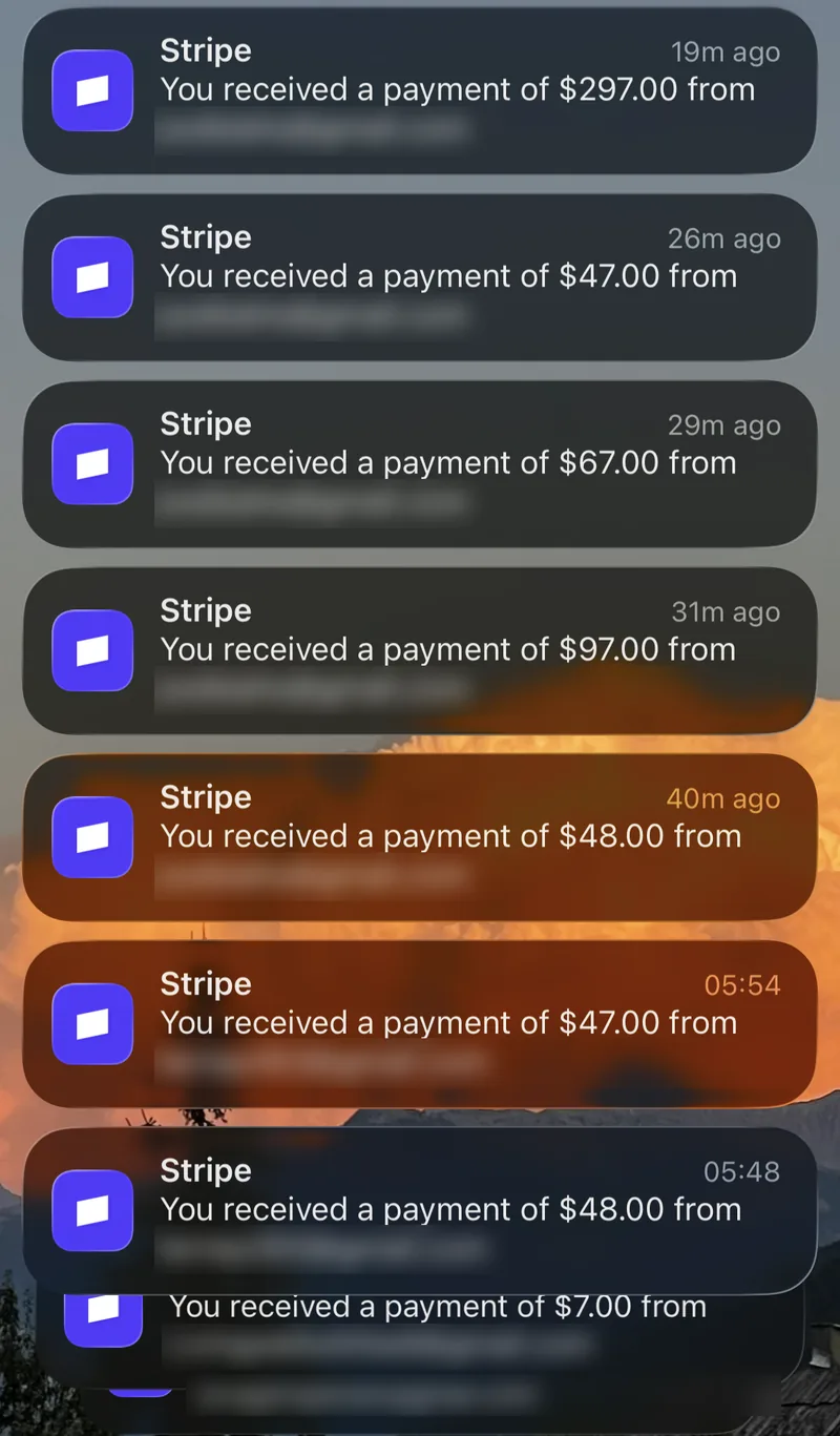 Stripe notifications: payments of $297, $47, $67, $97 and $48 received one after another