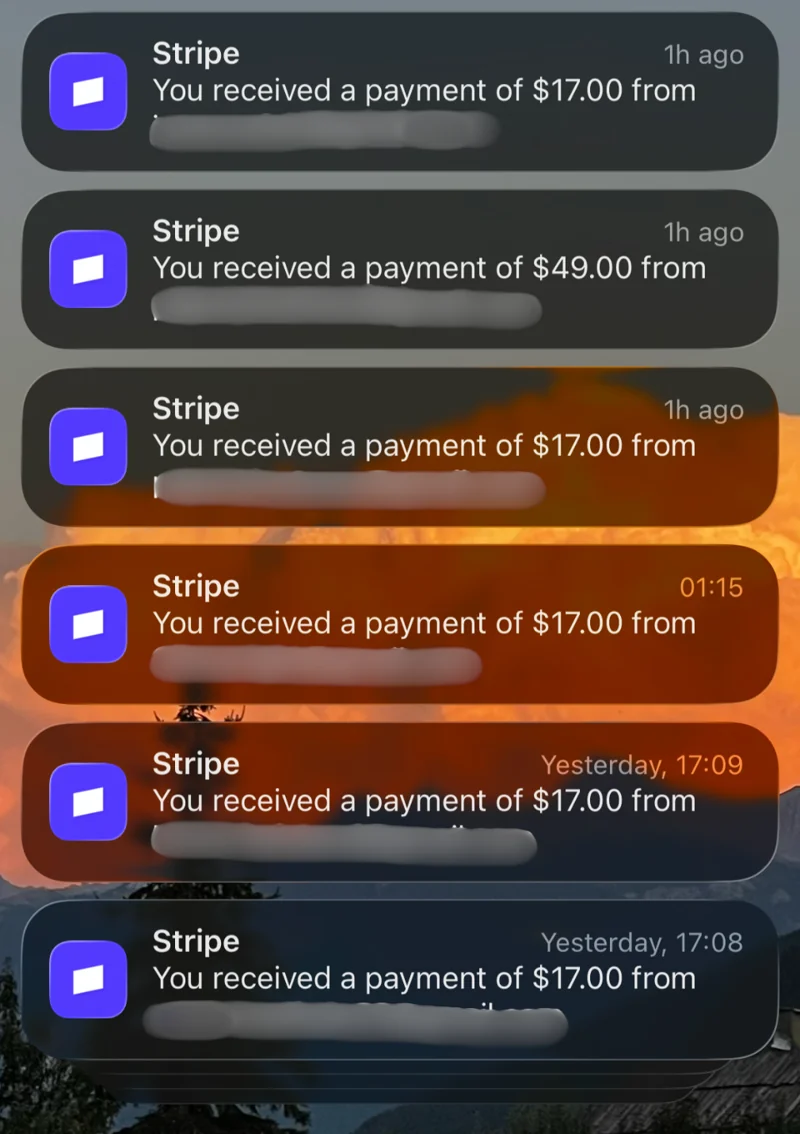 Stripe notifications: $17 and $49 payments, one after another
