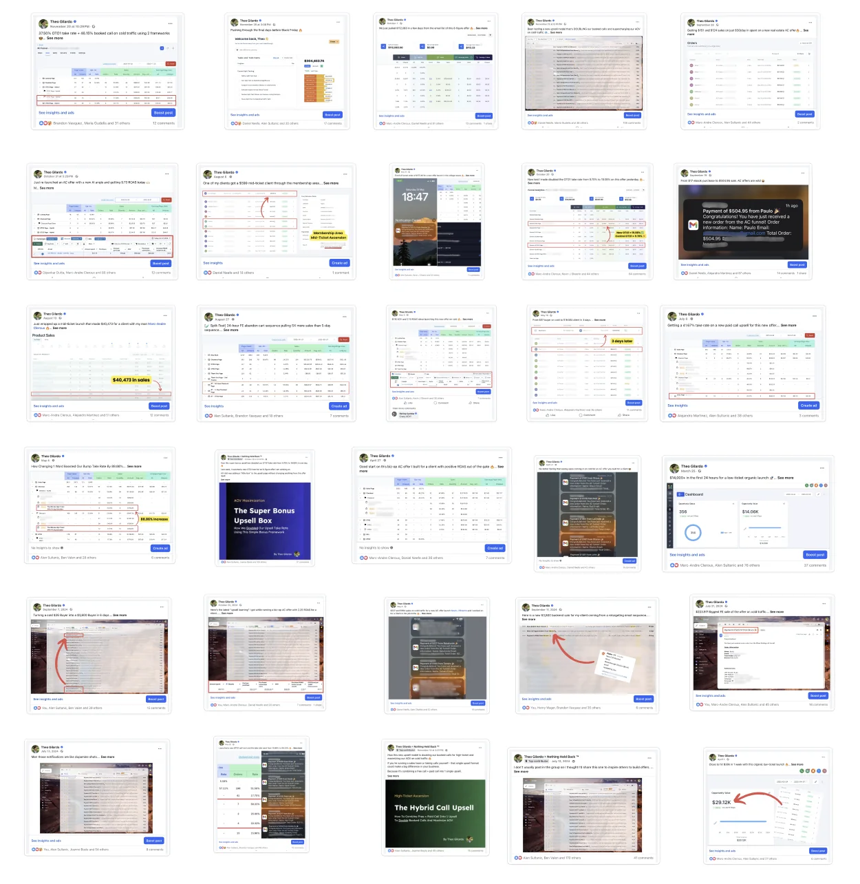 Wall of funnel-stat screenshots from 30+ low-ticket funnels