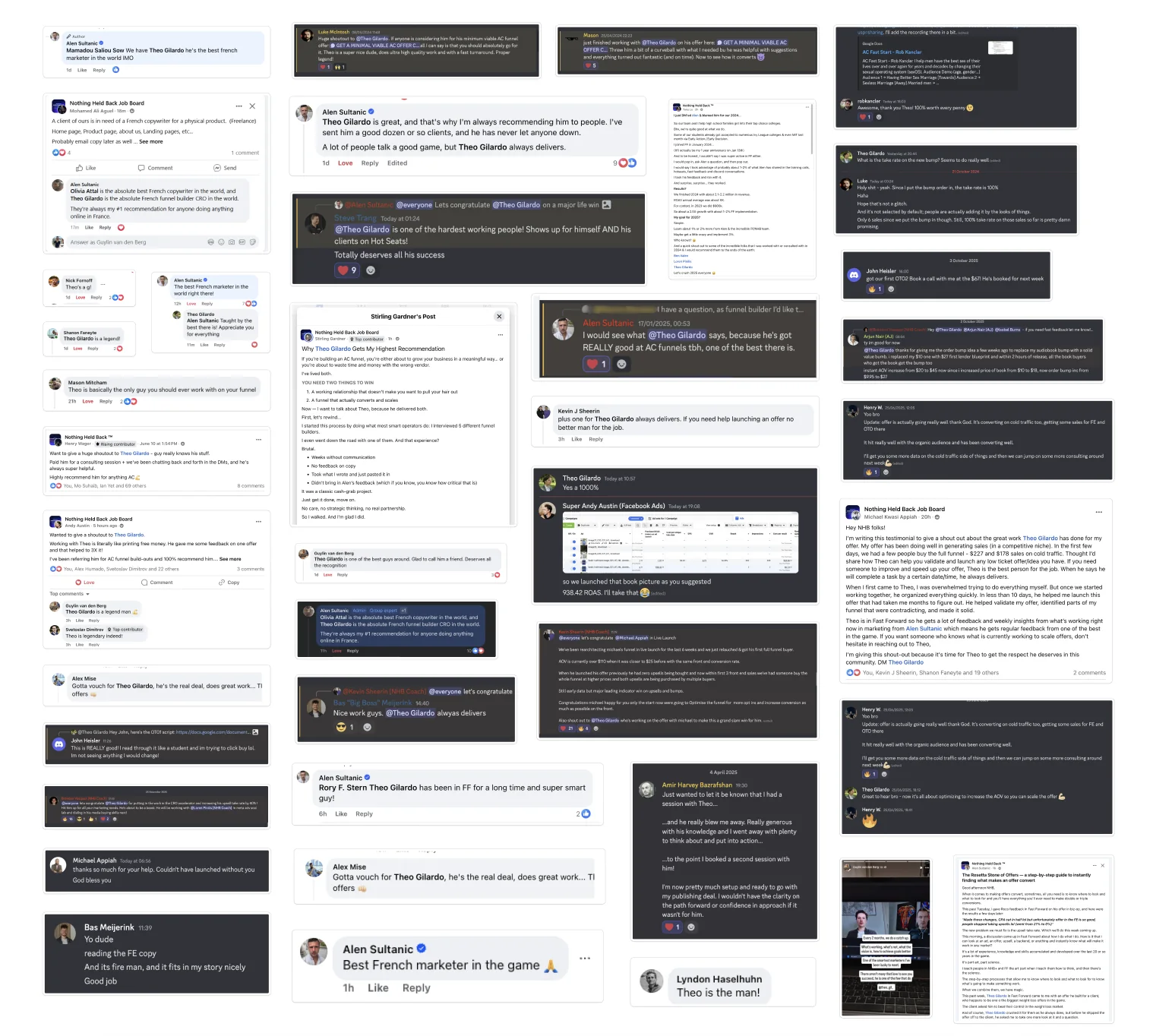 Wall of testimonial screenshots from marketers Theo has worked with