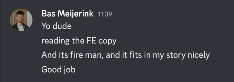Client feedback from Bas: the FE copy is fire