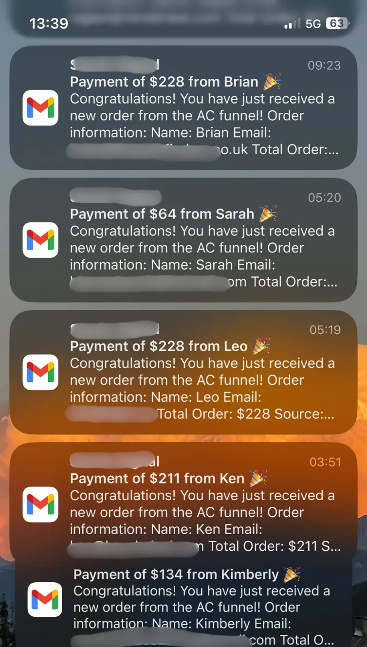 Stripe notifications: $134, $211, $228 and $64 orders