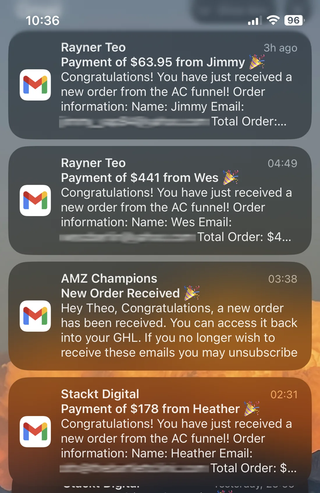 Stripe notifications: $441, $178 and $63.95 orders