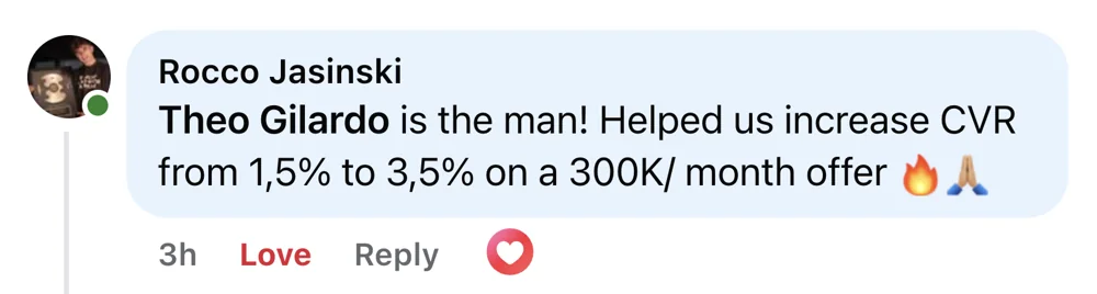 Rocco: Theo helped us take checkout CVR from 1.5% to 3.5% on a $300k/month offer
